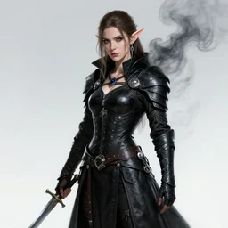 Portrait of a female Elf Rogue named \'Mistress of Death\', high fantasy, epic, black leather armor, dagger, smoke, by artstation, trending, artstationHD, artstationHQ, cgsociety