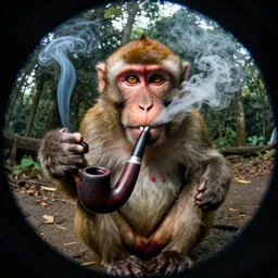 A monkey smoking methamphetamine out of a crack pipe, fisheye lens