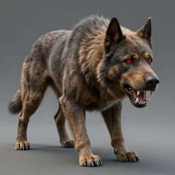 A realistic detailed photo of a big dog-like monster, detailed body, red eyes, bent back, big sharp teeth, weakly hairy skin, light particles, detailed light, realistic shaders, trending on artisation, detailed textures, detailed, realistic