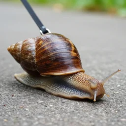 photo of a giant snail being walked on a leash hd