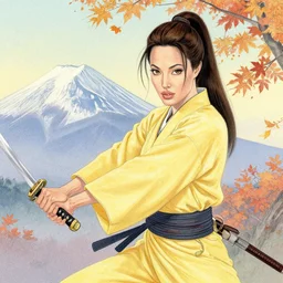 breathtaking detailed pattern pastel colors, action scene from kill bill, with angelina jolie ( kill bill ) in yellow kimono, swinging katana sword and autumn leaves, fuji, by hsiao - ron cheng, exquisite detail, enhanced eye detail