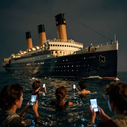 by night, the titanic is sinking, people are swimming in the foreground, on their smartphones you can see the titanic, photo realistic, by james cameron in the movie titanic