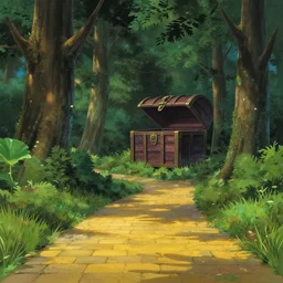 forest yellow brick path, beautiful ancient trees, hiding large treasure chest, serene evening atmosphere, soft lens, soft light, cel - shading, animation, in the style of cgsociety, deviantart, artstation, zbrush, cinema 4 d, studio ghibli, akihiko yoshida, atelier lulua, masamune shirow