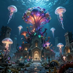 hyperrealistic precisionist cinematic underwater dystopian byzantine city ruins with giant bioluminescent multicolor mutant plants and cyborg jellyfish, digital art masterpiece, aykut aydogdu eric zener, very dramatic volumetric light, long shot, ground angle uhd 8 k, deep focus