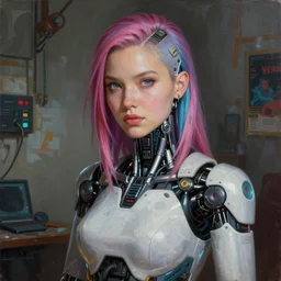 portrait painting of cyberpunk cyborg beautiful girl in a shabby room, by pablo carpio, greg rutkowski, eytan zana, fine detail, cyborg parts, bright colors, unreal engine 5 highly rendered, global illumination, high definition, accurate focus, digital, artistic, detailed and intricate environment