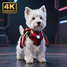 “An anthropomorphic West-Highland-White-Terrier iron man, full body shot,UHD, hyperrealistic render, 4k, cyberpunk”