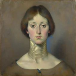 expressive medium shot portrait of a woman with long neck, big ears and a small head, short brown hair, brown and blue palette, oil painting, impasto, muted colors, artwork by arnold bocklin, seurat