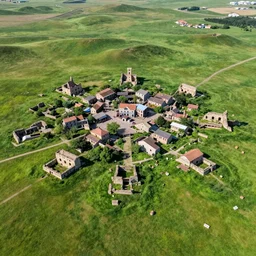 grasslands, ruins! ( small town ), [ 4 k photorealism ]!!!, trending on unsplash, intricate, zoomed out photography