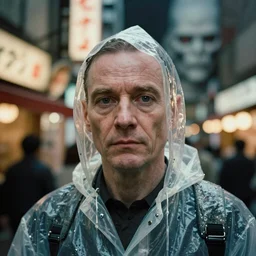 Kodak Portra 400, 8K, highly detailed, breaking bad style 3/4 extreme closeup portrait, clear eyes, focus on clear transparent raincoat model, tilt shift h.r giger style background: famous blade runner remake, tokyo izakaya scene