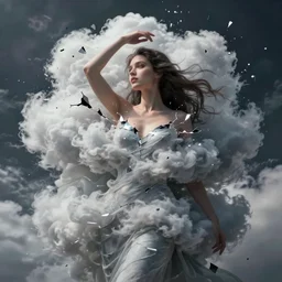 a highly detailed digital image of a shattering futuristic woman elegantly wrapped in a cloud, by Andrea Chiampo, artstation and Frederik Heyman, extremely detailed woman, stunning volumetric lighting, hyper realism, fantasy 4k