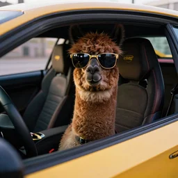 cyberpunk photo of a dark brown llama wearing large sunglasses in the drivers seat of a lamborghini
