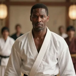 a film still of a black man starring in a japanese blockbuster film as heihachi from tekken, shallow depth of field, cinematic, award winning cgi, vfx, film still