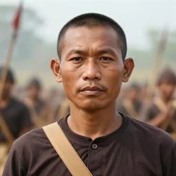 close - up photo of smart khmer warlord in a battle scene, detailed eyes, shallow depth of field, photorealistic, cinematic lighting, lovely bokeh, warm colours, dusk