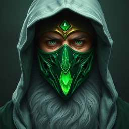 portrait of enigmatic wise man, wearing full mask made of green polished emerald rendered in unreal engine, soviet poster aesthetic, dnd universum, dark fantasy, painted by artgerm and glenn rane