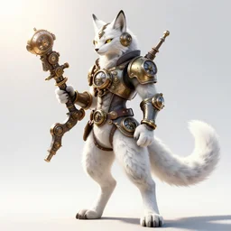 anthropomorphic white lynx fursona wielding steampunk weapon, wearing steampunk suit with clockworks life support with lynx head, tail, paws, by tanidareal, irakli nadar, muggur, intricate linework, unreal engine, photorealistic render, furry art, furaffinity, bright sun backlight, white detailed fur, thin hind legs