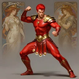 elegant full body portrait of bodybuilder roman soldier in fighting stance, red leather roman soldier skirt with white tips, gold shoulder armor piece, piercing bright red eyes, fantasy, intricate, short red hair, highly detailed, digital painting, crossfit, tight red spandex superhero costume, smooth, sharp focus, illustration, matte, dramatic, dynamic pose, art by artgerm and greg rutkowski and alphonse mucha and simon bisley!!!