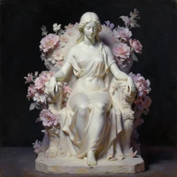 oil painting sculpture of a white woman seated on a huge throne in flowers art by yuming _ li, soft beige pink purple, moonlight, dark shadows, artstation, black background