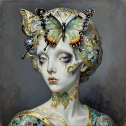 ceramic sharp focus extremely hyperrealistic horrifyingly beautiful 3 / 4 portrait oilpainting of bug lady of the skull butterfly portrait by michael hussar in style of michael hussar and rene lalique modern metropolitic artnouveau ceramic high - quality botanical effect gild strips like ali franco's paintings if marble abalone colors 8 k