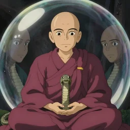 a film still portrait of a cubic snake. a mauve old monk is meditating inside a bubble. finely detailed features, closeup at the faces, chronenberg, perfect art, grimdark, trending on pixiv fanbox, painted by studio ghibli