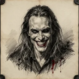 a drawing, made with charcoal and blood on a skin parchment by an insane!! person showing an evil grinning billy bob Thornton.