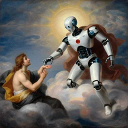 robot as a god on the clouds touching is touch a human, classical religious painting