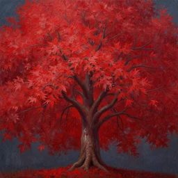 a painting of a tree with red leaves, an oil painting by lee madgwick, cgsociety, fantasy art, detailed painting, fractalism, sense of awe