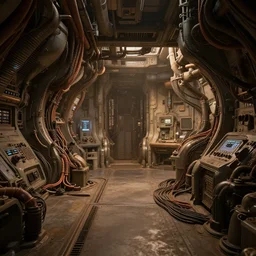 realistic cinematic sci - fi mothership interior or exteror - machinery, tubes wires path matte painting masterpiece warm tones quiet