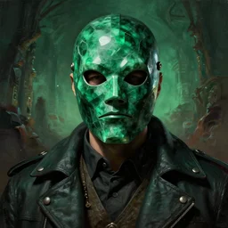 ominous man, wearing full mask made of green polished emerald rendered in unreal engine, soviet poster aesthetic, dnd universum, dark fantasy, painted by artgerm and james gurney