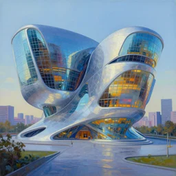 exterior view of modern futuristic museum architecture with view overlooking the city, detailed luminescent oil painting 4 k