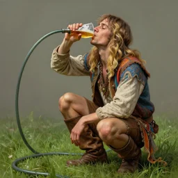 a hippie young man with blonde hair endings, crouching, drinking beer from a funnel with a garden hose, colourful clothes, hyper realistic, extreme detail, grass, smooth, subtle shadows, fine details, octane render, stunning, intricate, elegant, highly detailed, digital painting, artstation, smooth, sharp focus, raw, art by zdzislaw beksinski