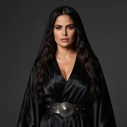portrait of salma hayek as a beautiful medieval sorceress wearing a satin black robe and metal belt, photorealistic, highly detailed, mysterious lighting, artstation, smooth, sharp focus, art by michael whelan, artgerm, greg rutkowski and luis royo