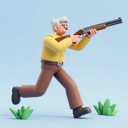 a 3 d modelled an old man running and aiming a shotgun, made of colored things, vivid dynamic composition, john hoyland world, surreal, overblown vibrant colors, masterpiece, physical based rendering, featured on pixiv, octane renderer, trending on pinterest