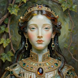 detailed portrait, cosmopolitan priestess, realistic glassworks face sculpted features, specular eyes, statuesque, glass skin, fiberglass hair, high collar, opulent, encrusted, jewel, asymmetrical, chiaroscuro, organic impressionism, vine backdrop, natural colors, digital illustration