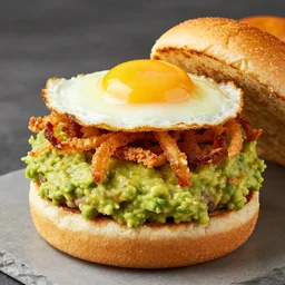 vegan hamburger with guacamole topping crispy fried onion topping and fried egg topping, crispy buns, 8 k resolution, studio lighting, sharp focus, hyper - detailed