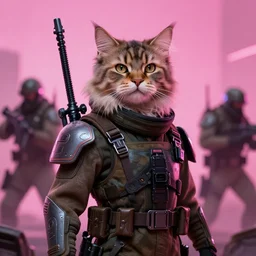 a portrait of a futuristic cyberpunk british longhair cat soldier in war scene, epic lighting, pink vibe, hyper realistic, concept art, intricate, hyper detailed, smooth, vibrant, by greg rutkowski