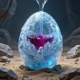 magic frozen ice phoenix egg, deadly potion flowing from the top on the egg, rock and sand around, peter mohrbacher style, ray tracing, cinematic, digital art, realistic, octane render