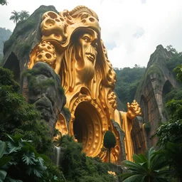 photo of a giant sculpture made of liquid gold in the jungle, with beautiful great arches and detail, architecture carved for a titan