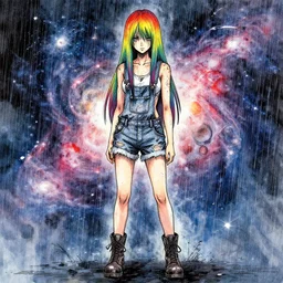 a grungy woman with rainbow hair, soft eyes and narrow chin, dainty figure, long hair straight down, torn overalls, short shorts, combat boots, side boob, wet tshirt, raining, nebula background, symmetrical, watercolor, pen and ink, intricate line drawings, by Yoshitaka Amano, Ruan Jia, Kentaro Miura, Artgerm,