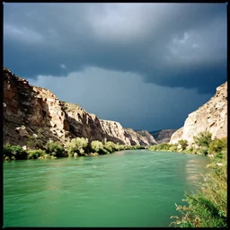 photo of green river, wyoming cliffs during thunderstorm. the foreground and river are brightly lit by sun, and the background clouds are dark and foreboding. kodak portra 4 0 0,