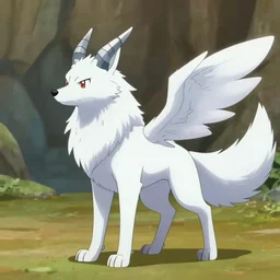 a white feathered wolf with a bladed horn and tail. a photo of absol in the style of a pokemon snap screenshot.