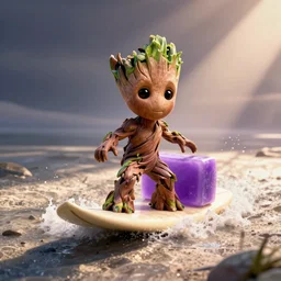 little Groot surfs on a bar of purple soap, by disney plus
