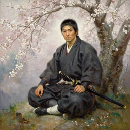 an oil painting of a male samurai warrior sitting under a cherry tree with white blossoms, katana, edward robert hughes, tony sart