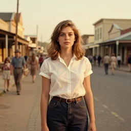 a young woman standing on a busy street in a country town in the 1 9 7 0 s, seventies, golden hour, painterly, offset printing technique, by alexandre cabanel