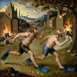 couple of fish-mans with flippers running away with a small profit of money, thinking they've made a great deal, burned city, chaos, by Hieronymus Bosch, oil painting, 4k, masterpiece