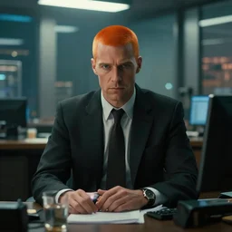 orange - headed businessman, bladerunner 2 0 4 9, office interior, city, cinematic, film still