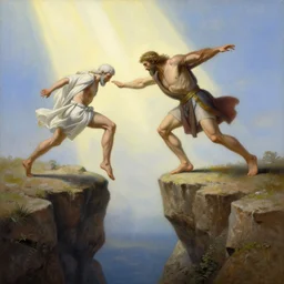 an amazing realistic painting of cain pushing abel from the edge of a cliff with a divine light in the sky, majestic mountains in the background, very detailed, painting by winslow homer, beautiful art, smooth, elegant, intricate, vibrant, colorful