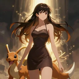digimon, girl, brunette, tall and slender, has agumon, concept art, illustration, artstation