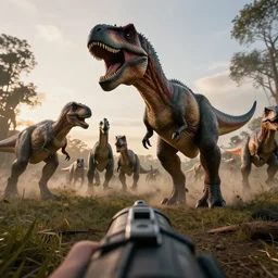 realistic photo first person perspective, dinosaurs stampede attacking and chasing me, dramatic lighting, early evening, professional photography, high detail, cinematic lighting