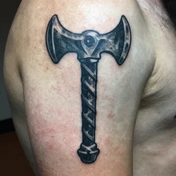 Prison tattoo of Mjölnir, Nordic mythology, ugly, amateur, worst