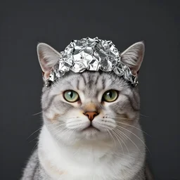 cat conspiracy theorist, wearing tin foil hat
